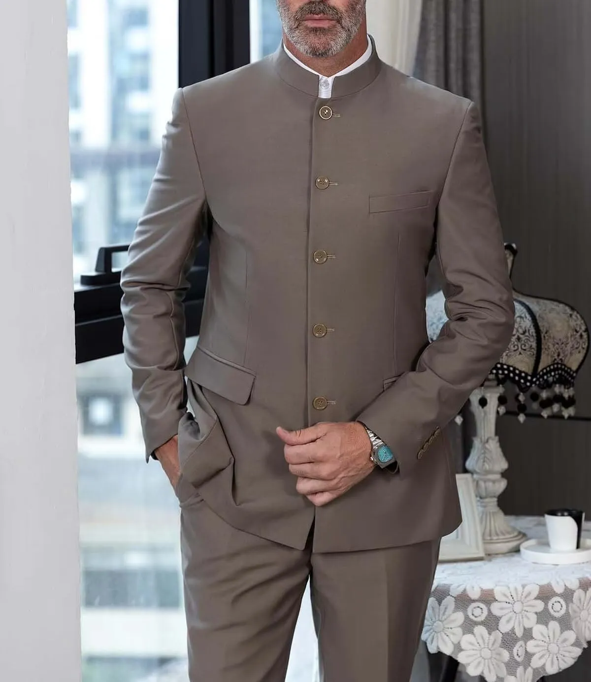 Mens Casual Blazer Chinese Stand Collar Single Breasted Formal Jacket Traditional Wedding Dress Coat