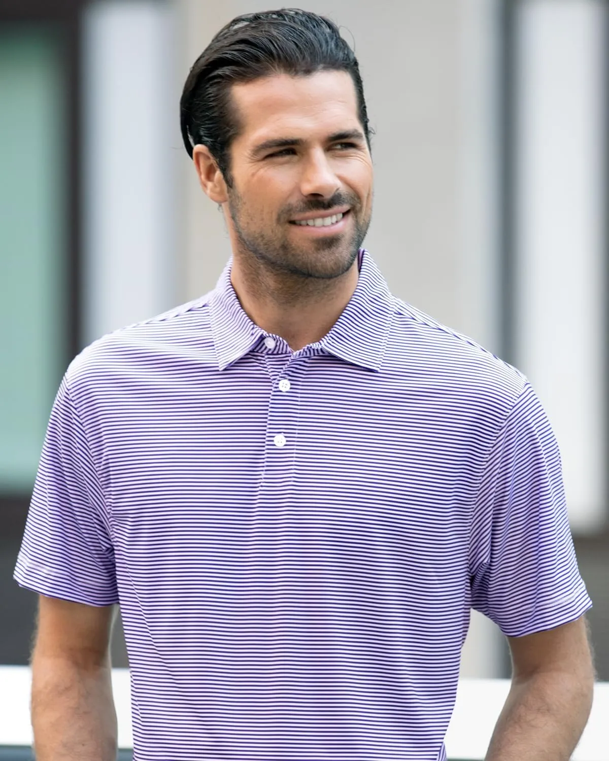 Men's College Moisture Wicking Premium Stretch Fit Striped Polo