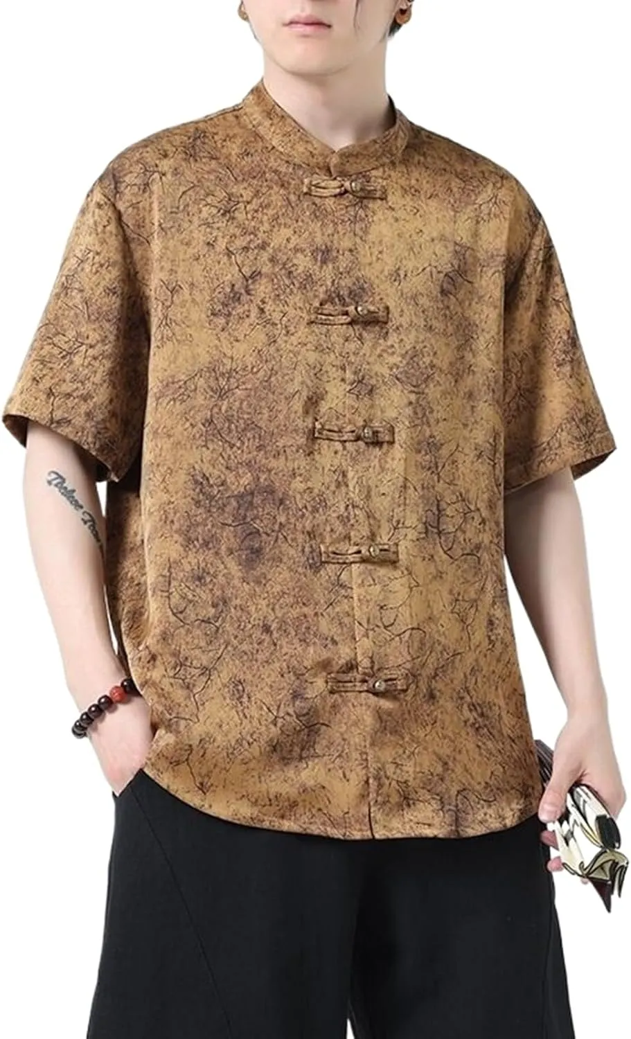 Men's Ice Silk Chinese Shirt,Summer Mandarin Collar Printed Short Sleeve Top