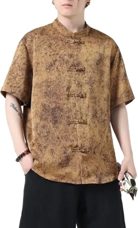 Men's Ice Silk Chinese Shirt,Summer Mandarin Collar Printed Short Sleeve Top