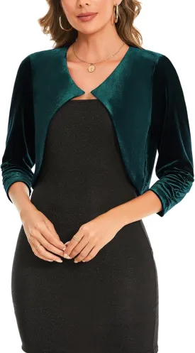 MINTLIMIT Women Velvet Shrug Bolero Open Front 3/4 Ruched Sleeve Evening Dressy Cropped Cardigans with Hook and Eye