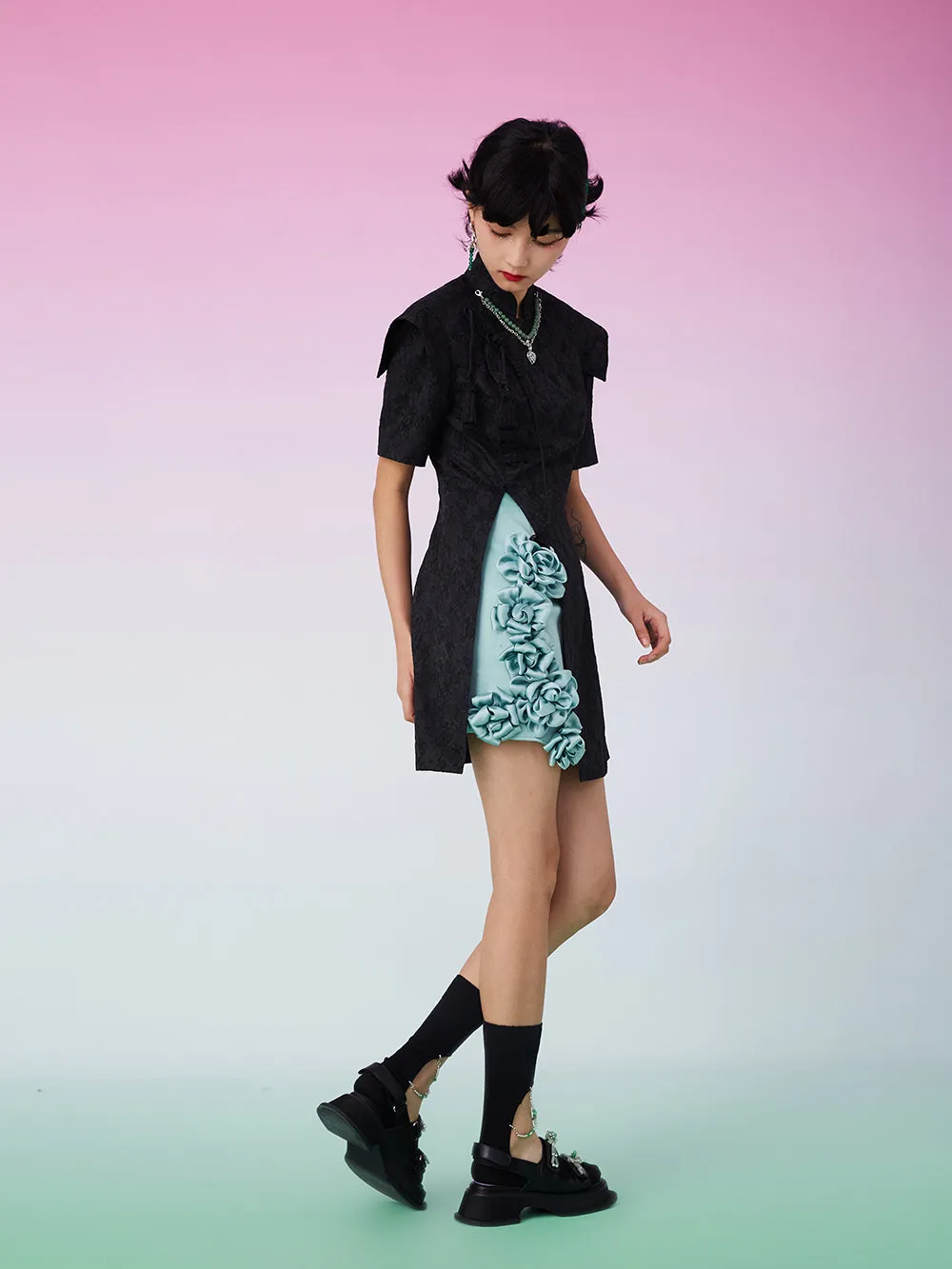 MUKZIN Contrast Floral Jacquard Black QIPAO Cheongsam
