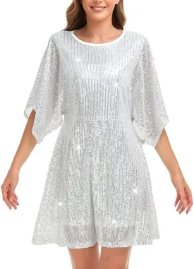 NOYIVA Womens Sequin Loose Dress Party Split Sleeves Casual Loose Mini Short Dresses
