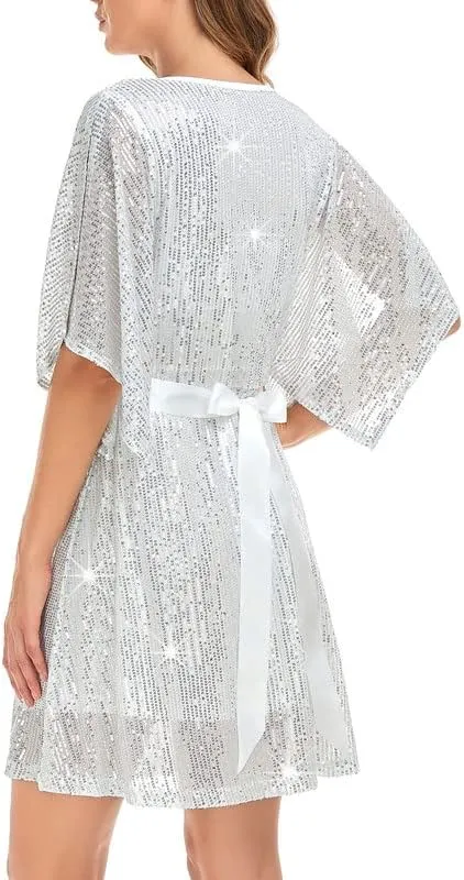NOYIVA Womens Sequin Loose Dress Party Split Sleeves Casual Loose Mini Short Dresses