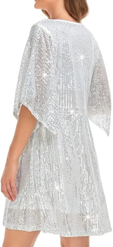NOYIVA Womens Sequin Loose Dress Party Split Sleeves Casual Loose Mini Short Dresses