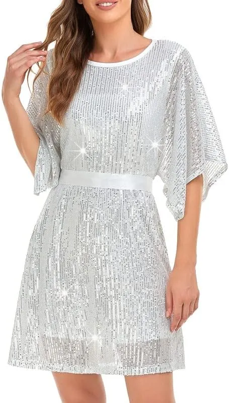 NOYIVA Womens Sequin Loose Dress Party Split Sleeves Casual Loose Mini Short Dresses