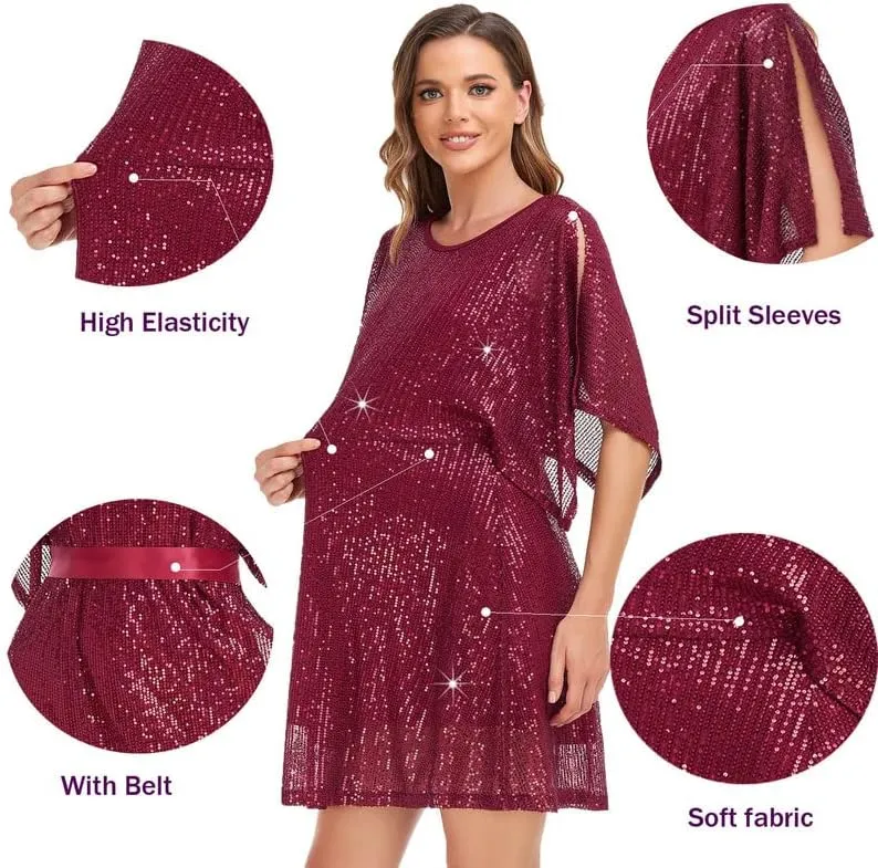 NOYIVA Womens Sequin Loose Dress Party Split Sleeves Casual Loose Mini Short Dresses