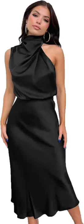 Plustrong Womens Formal Summer Satin Dress Cocktail Party Maxi Dress Mock Neck Sleeveless Wedding Guest Dresses