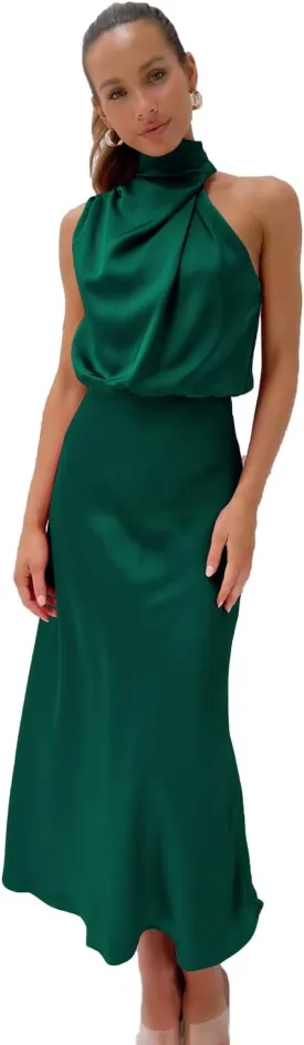 Plustrong Womens Formal Summer Satin Dress Cocktail Party Maxi Dress Mock Neck Sleeveless Wedding Guest Dresses