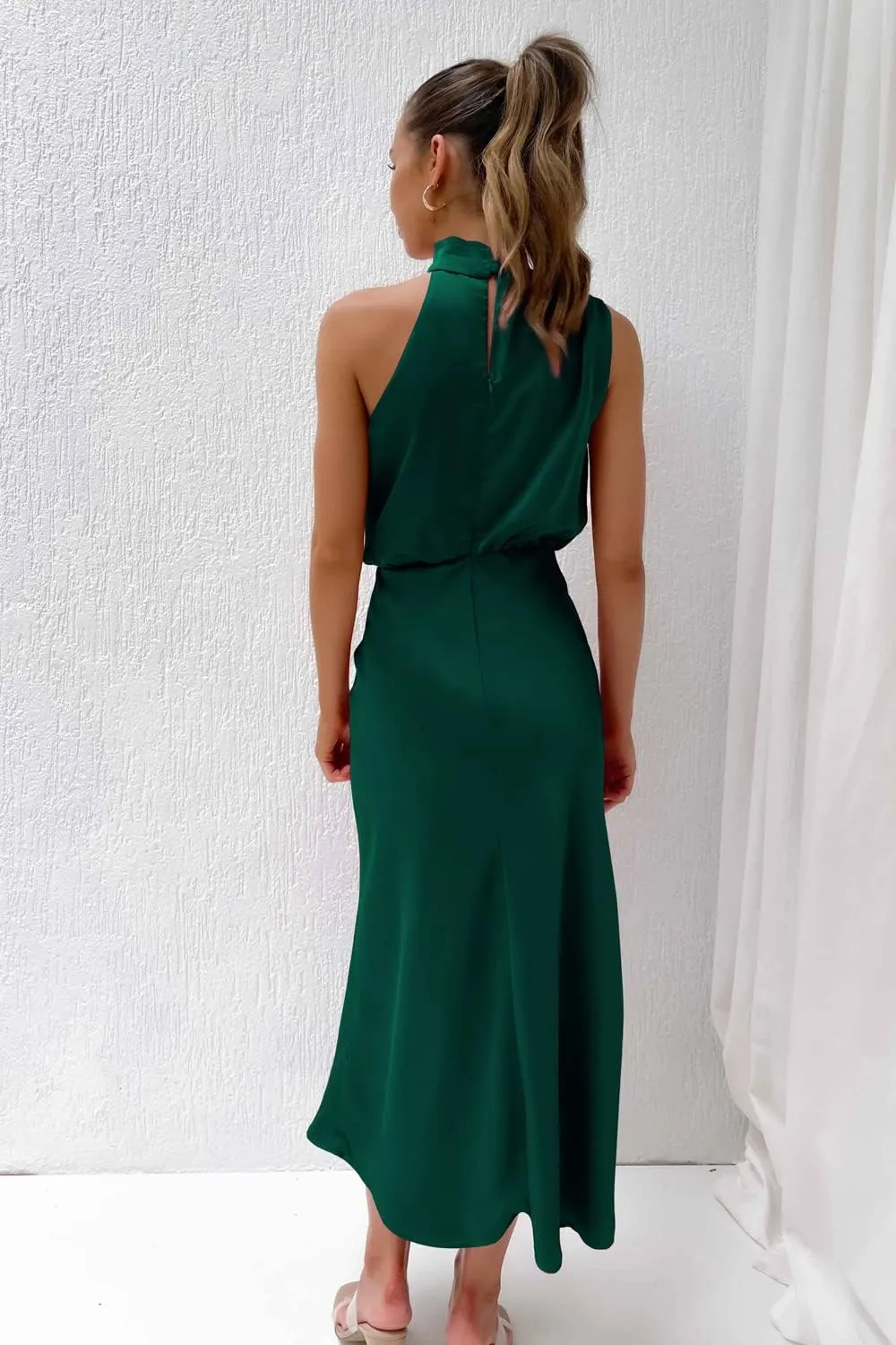 Plustrong Womens Formal Summer Satin Dress Cocktail Party Maxi Dress Mock Neck Sleeveless Wedding Guest Dresses