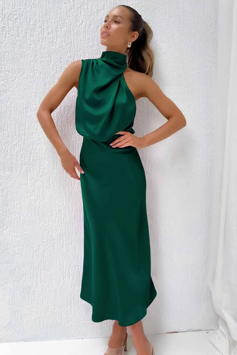 Plustrong Womens Formal Summer Satin Dress Cocktail Party Maxi Dress Mock Neck Sleeveless Wedding Guest Dresses