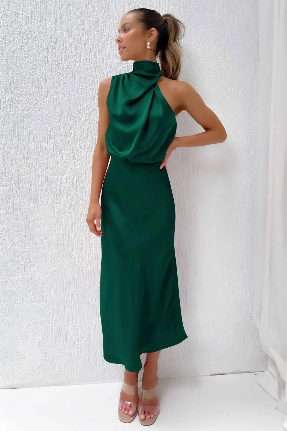 Plustrong Womens Formal Summer Satin Dress Cocktail Party Maxi Dress Mock Neck Sleeveless Wedding Guest Dresses