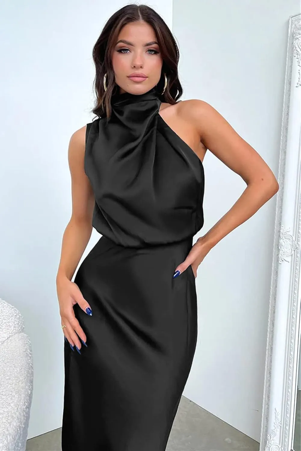 Plustrong Womens Formal Summer Satin Dress Cocktail Party Maxi Dress Mock Neck Sleeveless Wedding Guest Dresses