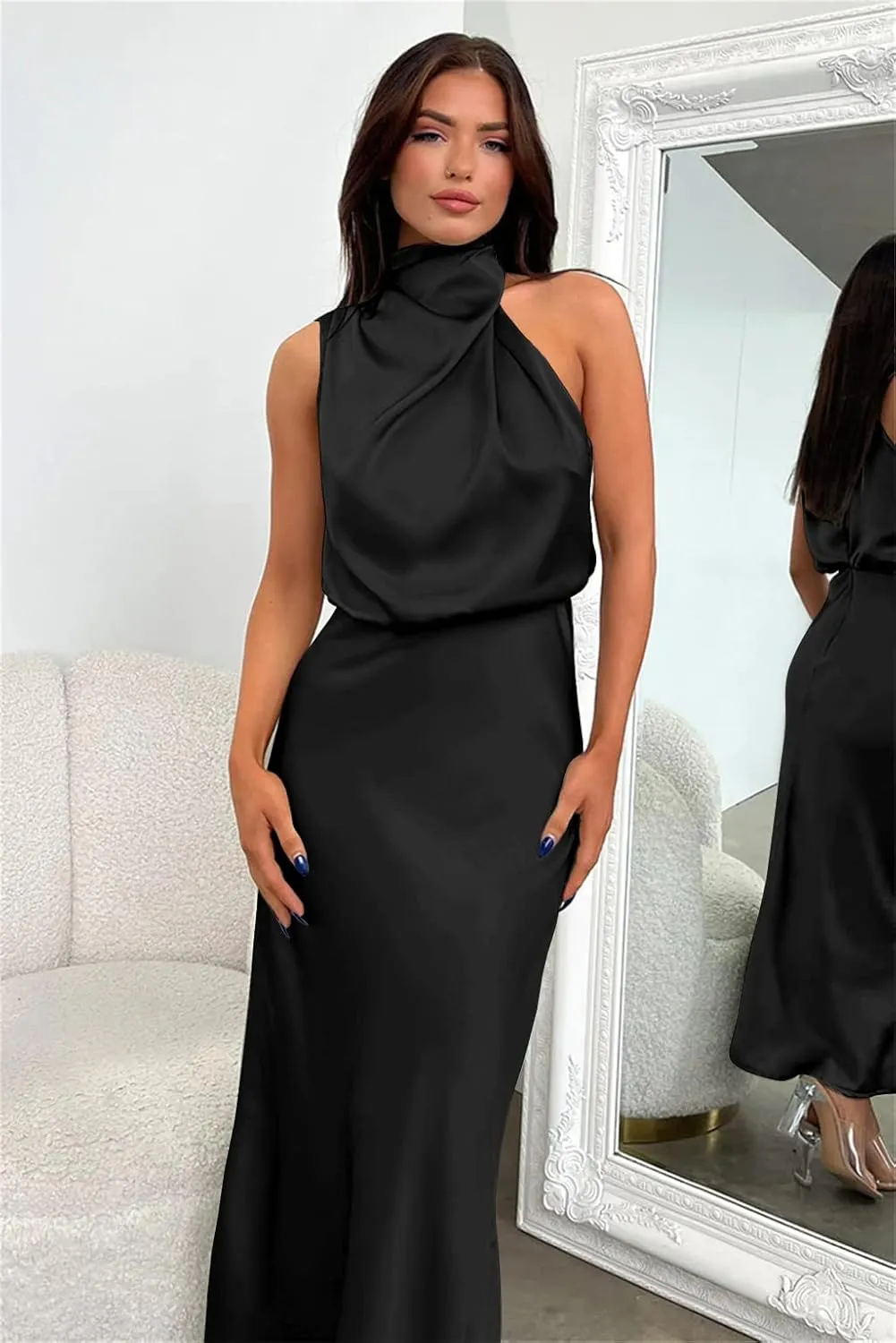 Plustrong Womens Formal Summer Satin Dress Cocktail Party Maxi Dress Mock Neck Sleeveless Wedding Guest Dresses