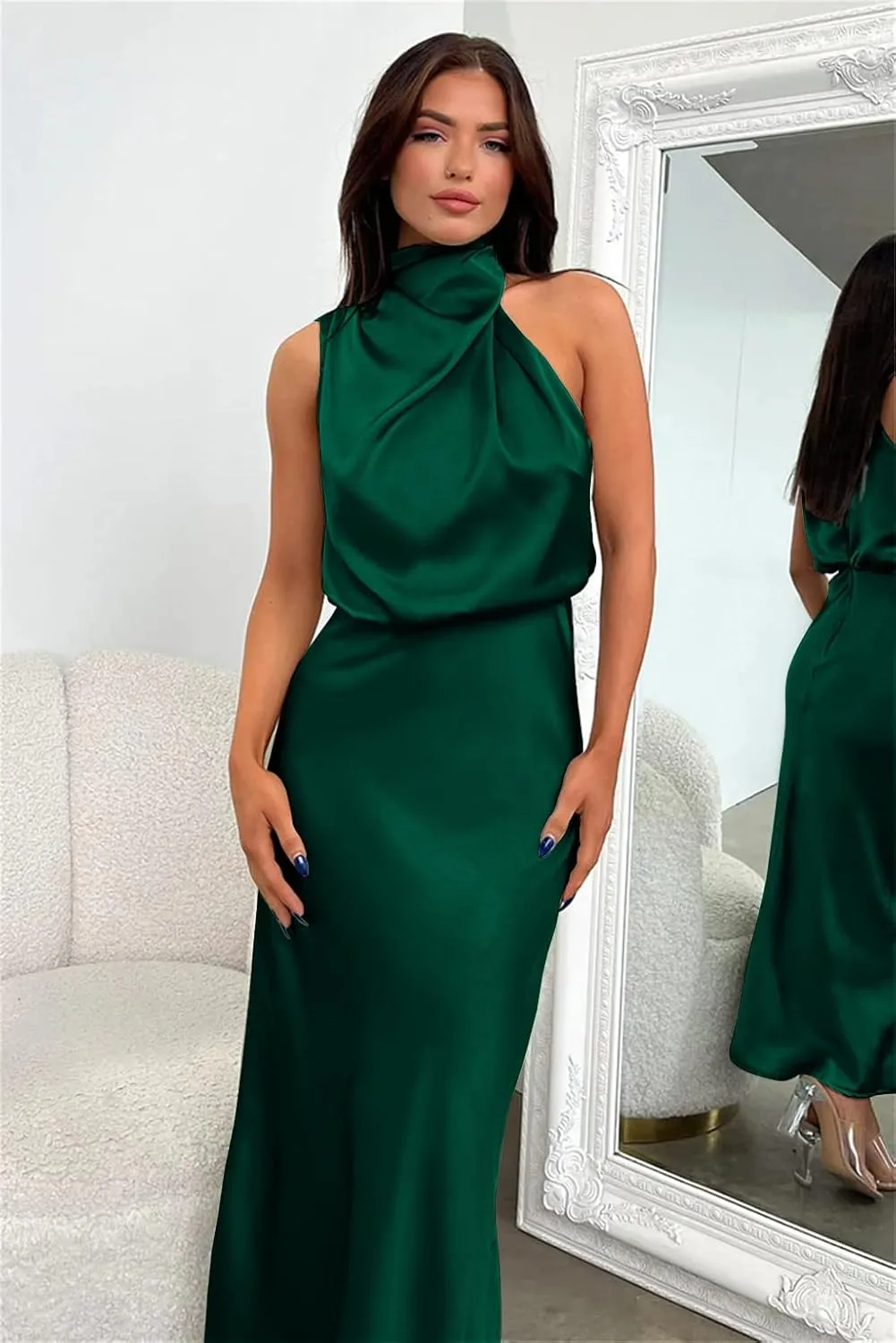 Plustrong Womens Formal Summer Satin Dress Cocktail Party Maxi Dress Mock Neck Sleeveless Wedding Guest Dresses