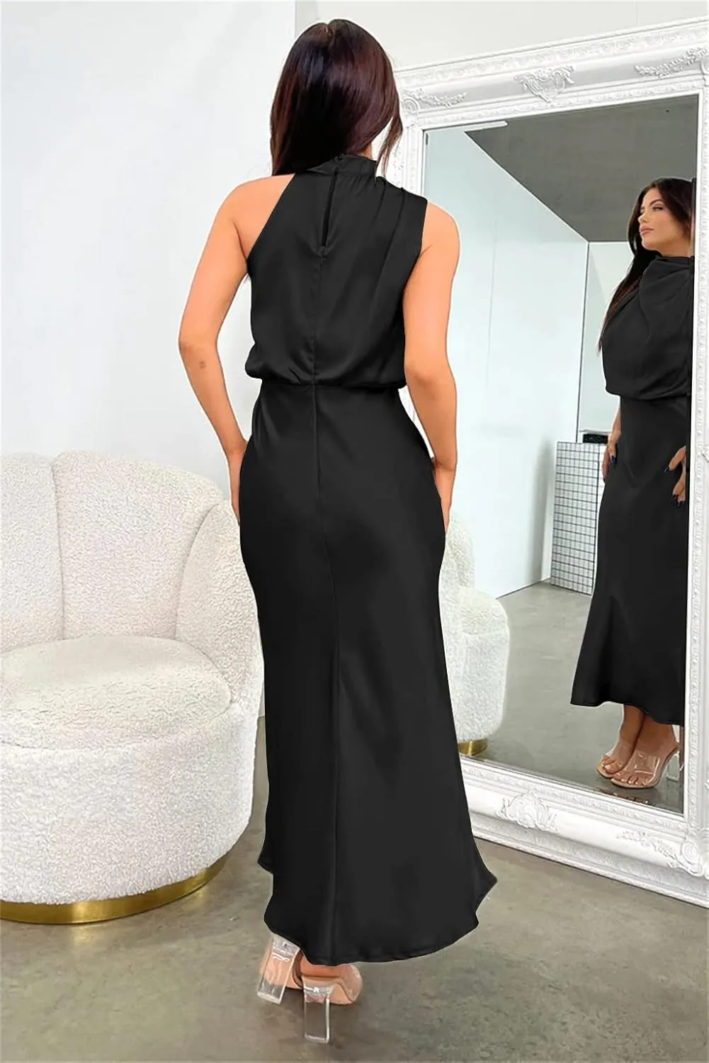 Plustrong Womens Formal Summer Satin Dress Cocktail Party Maxi Dress Mock Neck Sleeveless Wedding Guest Dresses