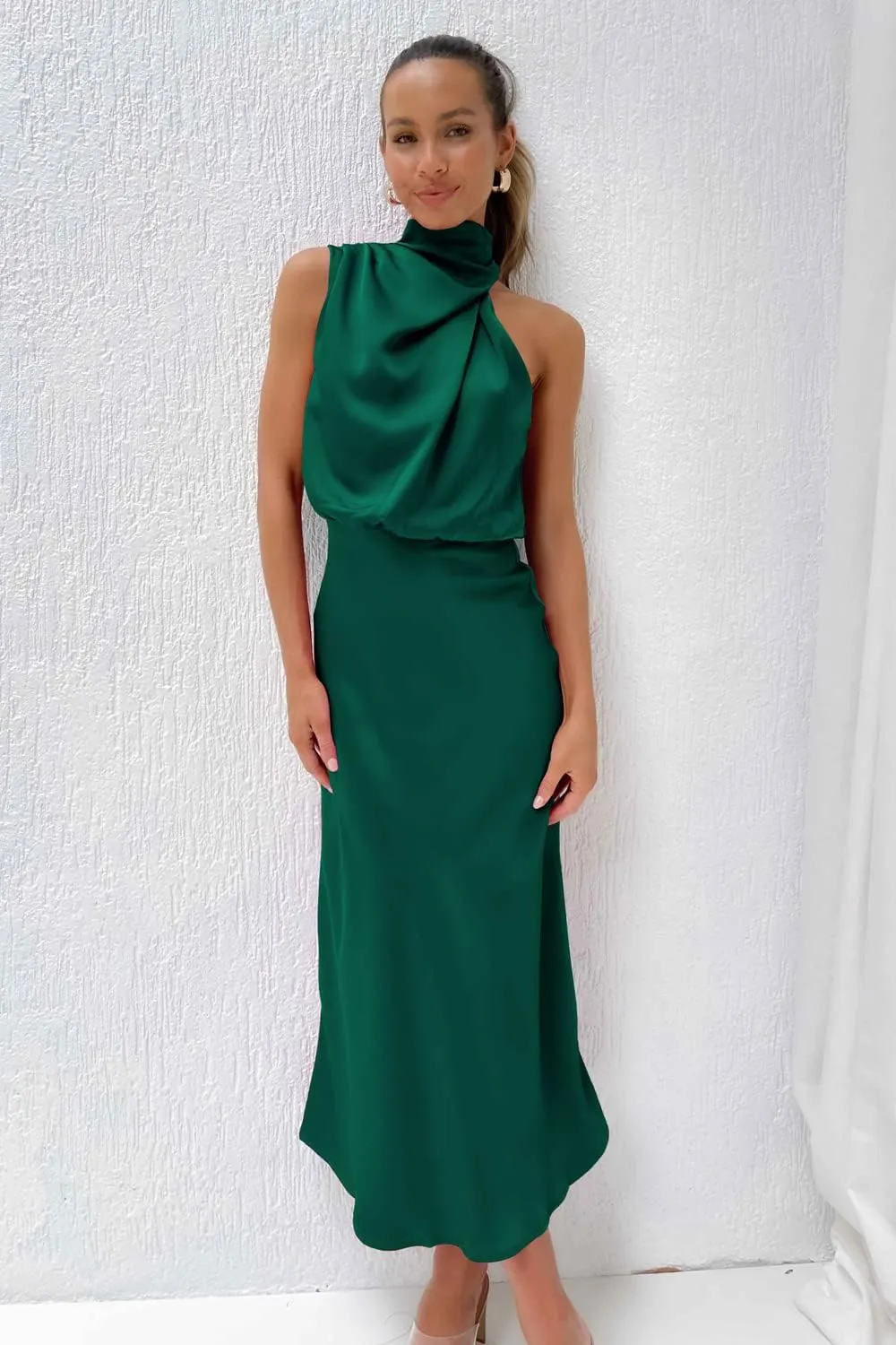 Plustrong Womens Formal Summer Satin Dress Cocktail Party Maxi Dress Mock Neck Sleeveless Wedding Guest Dresses