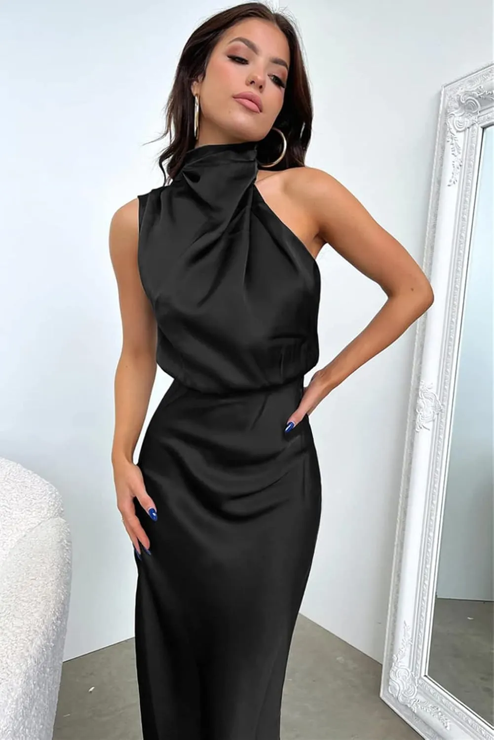 Plustrong Womens Formal Summer Satin Dress Cocktail Party Maxi Dress Mock Neck Sleeveless Wedding Guest Dresses