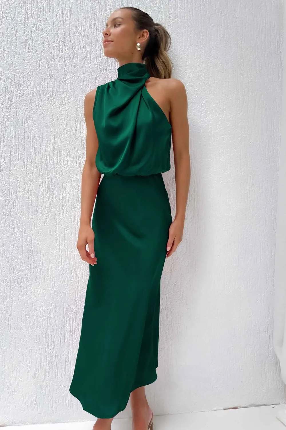Plustrong Womens Formal Summer Satin Dress Cocktail Party Maxi Dress Mock Neck Sleeveless Wedding Guest Dresses