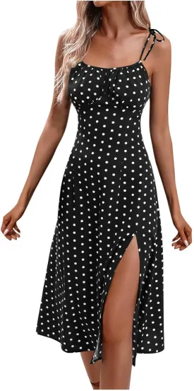 Polka Dot Slip Dress for Women A Line Sleeveless Side Slit Midi Dresses Spaghetti Strap Beach Sundresses