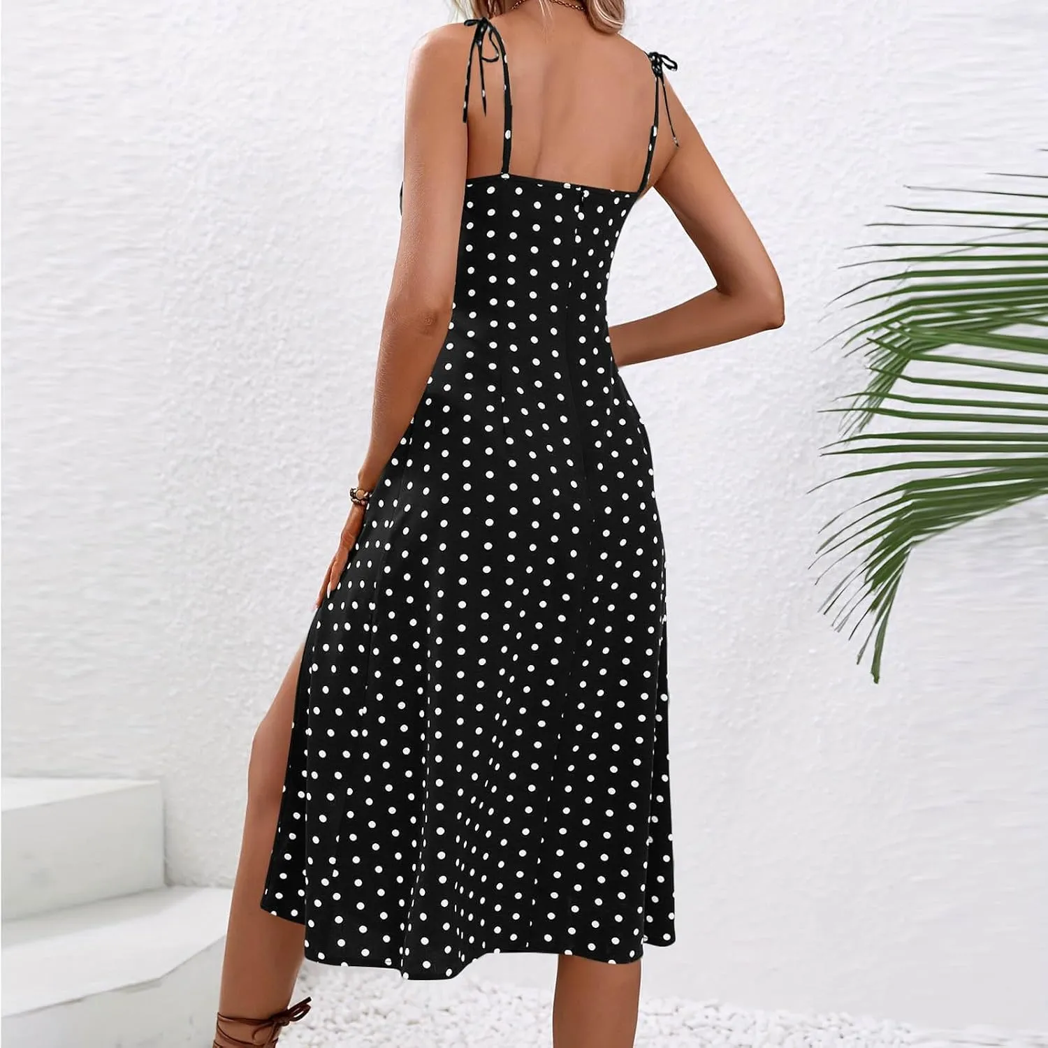 Polka Dot Slip Dress for Women A Line Sleeveless Side Slit Midi Dresses Spaghetti Strap Beach Sundresses
