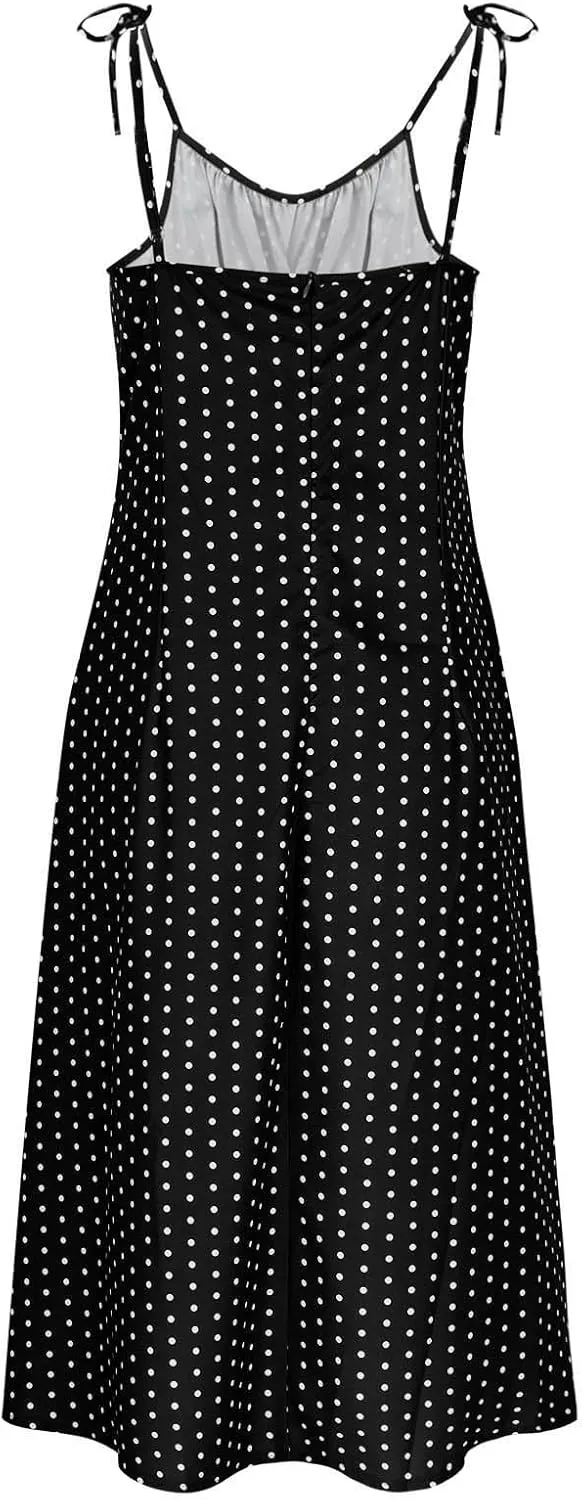 Polka Dot Slip Dress for Women A Line Sleeveless Side Slit Midi Dresses Spaghetti Strap Beach Sundresses