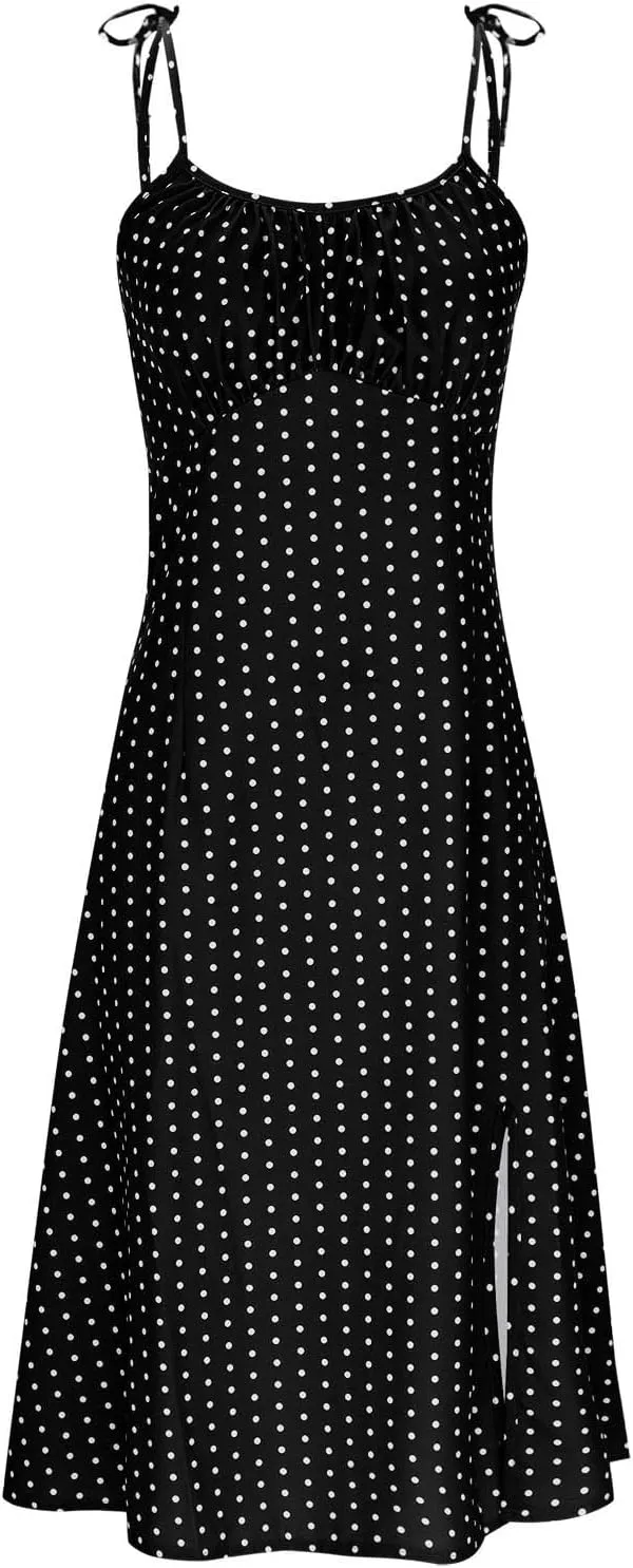 Polka Dot Slip Dress for Women A Line Sleeveless Side Slit Midi Dresses Spaghetti Strap Beach Sundresses