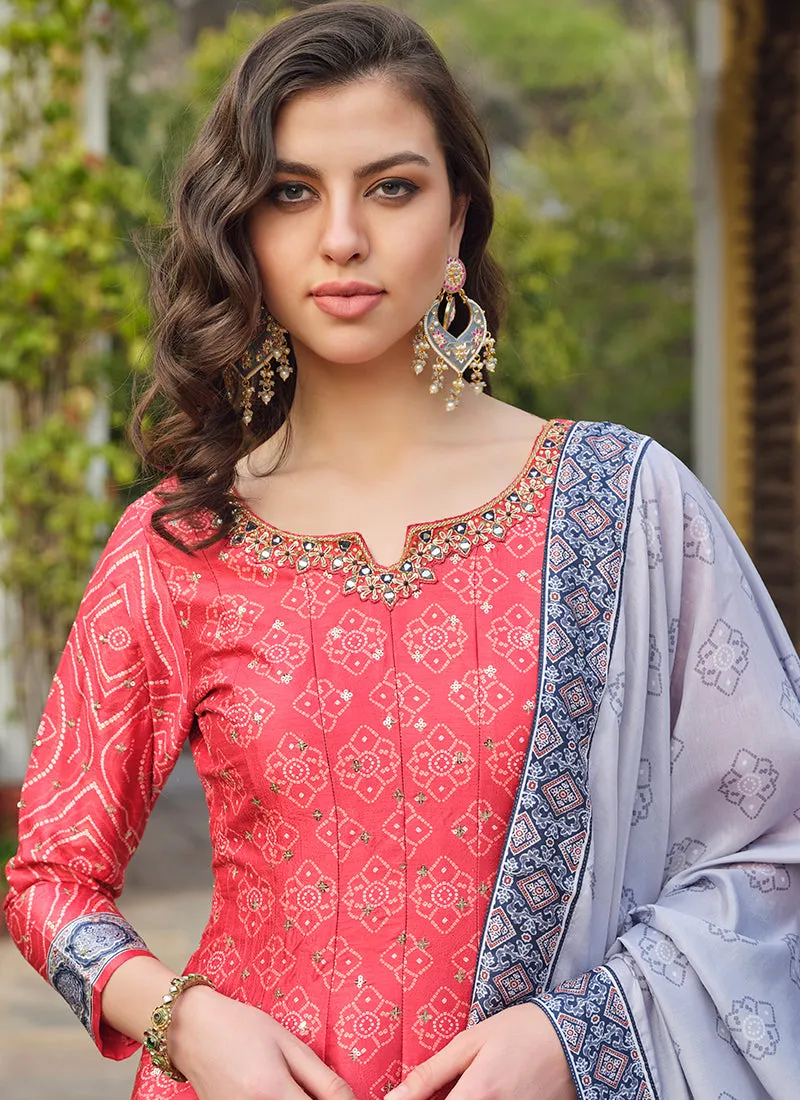 Red And Blue Khatli Embroidered Traditional Anarkali Gown