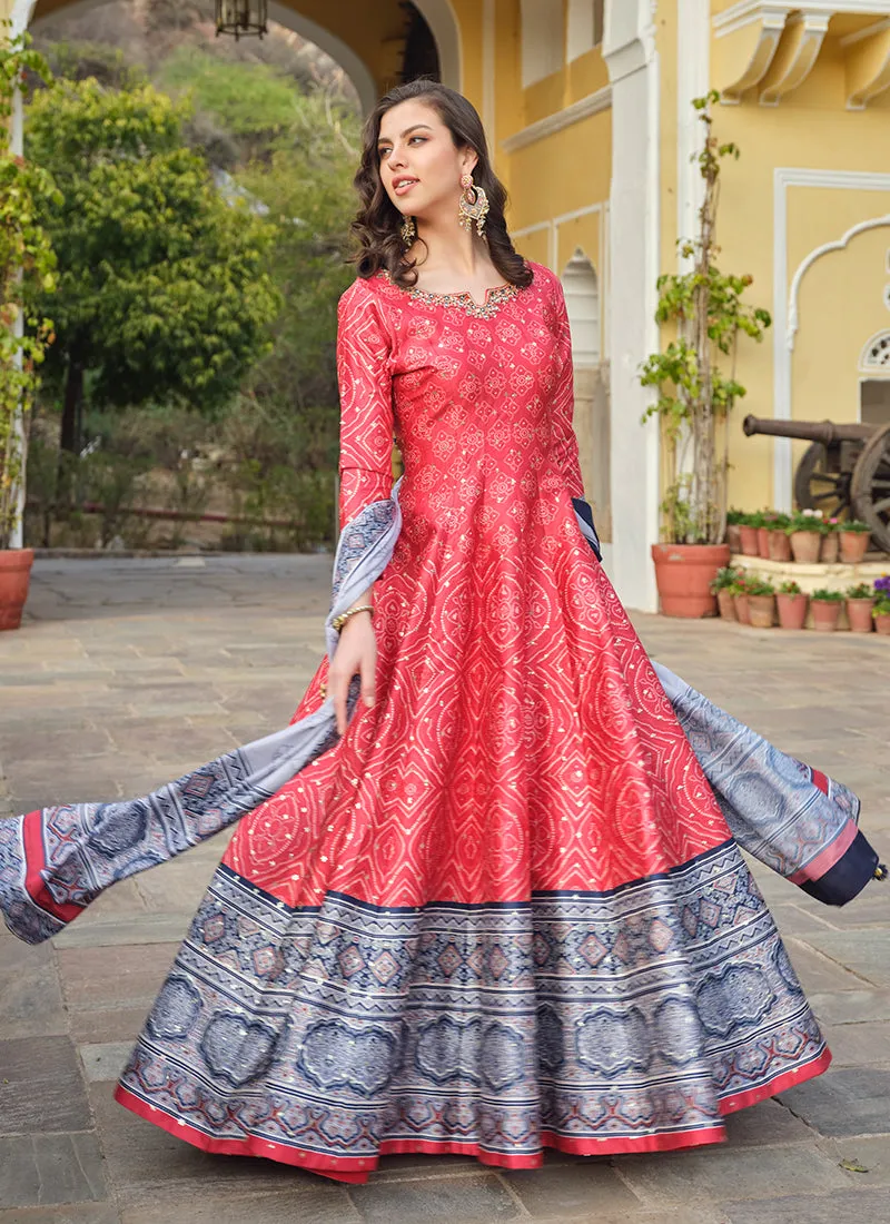 Red And Blue Khatli Embroidered Traditional Anarkali Gown