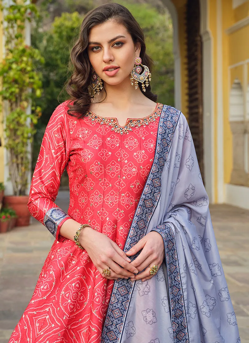 Red And Blue Khatli Embroidered Traditional Anarkali Gown