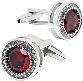 Red Crystal Gemstone Cufflinks for Men Lady In Gift Case Silver Round Men's Cufflinks Jewelry Set for Wedding Anniversary Business Party Events Tuxedo Dress Shirt