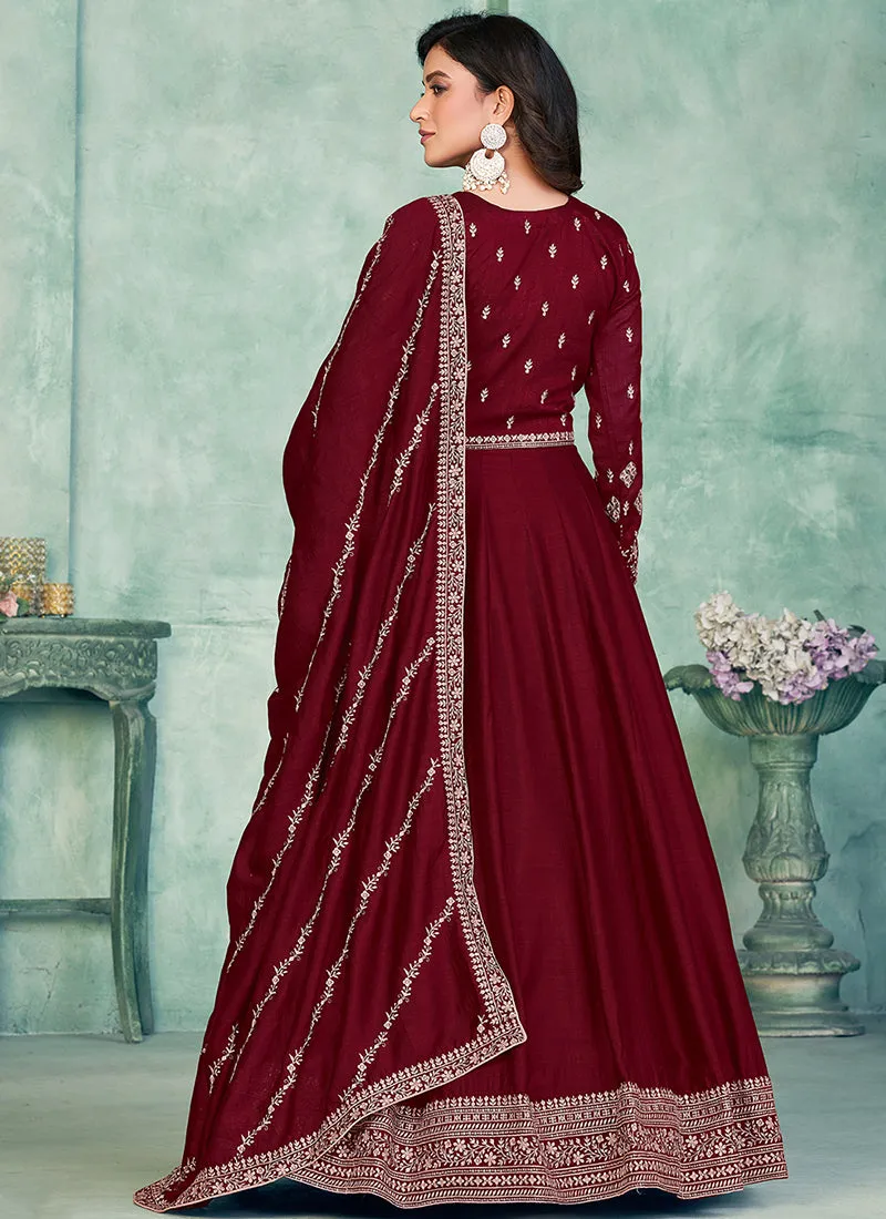 Red Embroidery Traditional Silk Anarkali Suit