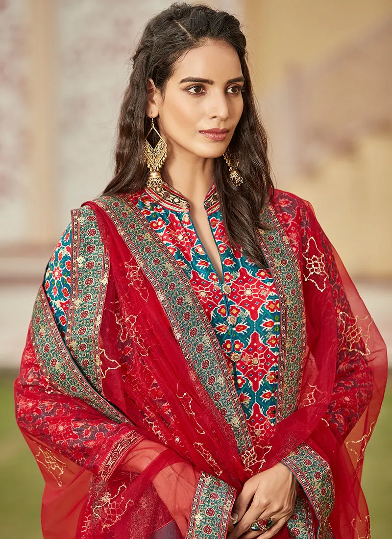 Red Multicoloured Ikat Prints And Embroidered Silk Anarkali Gown