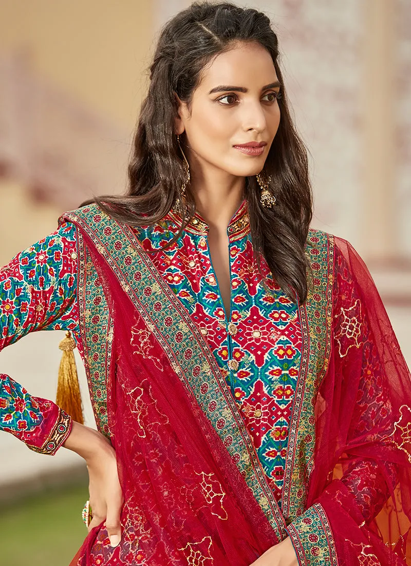 Red Multicoloured Ikat Prints And Embroidered Silk Anarkali Gown