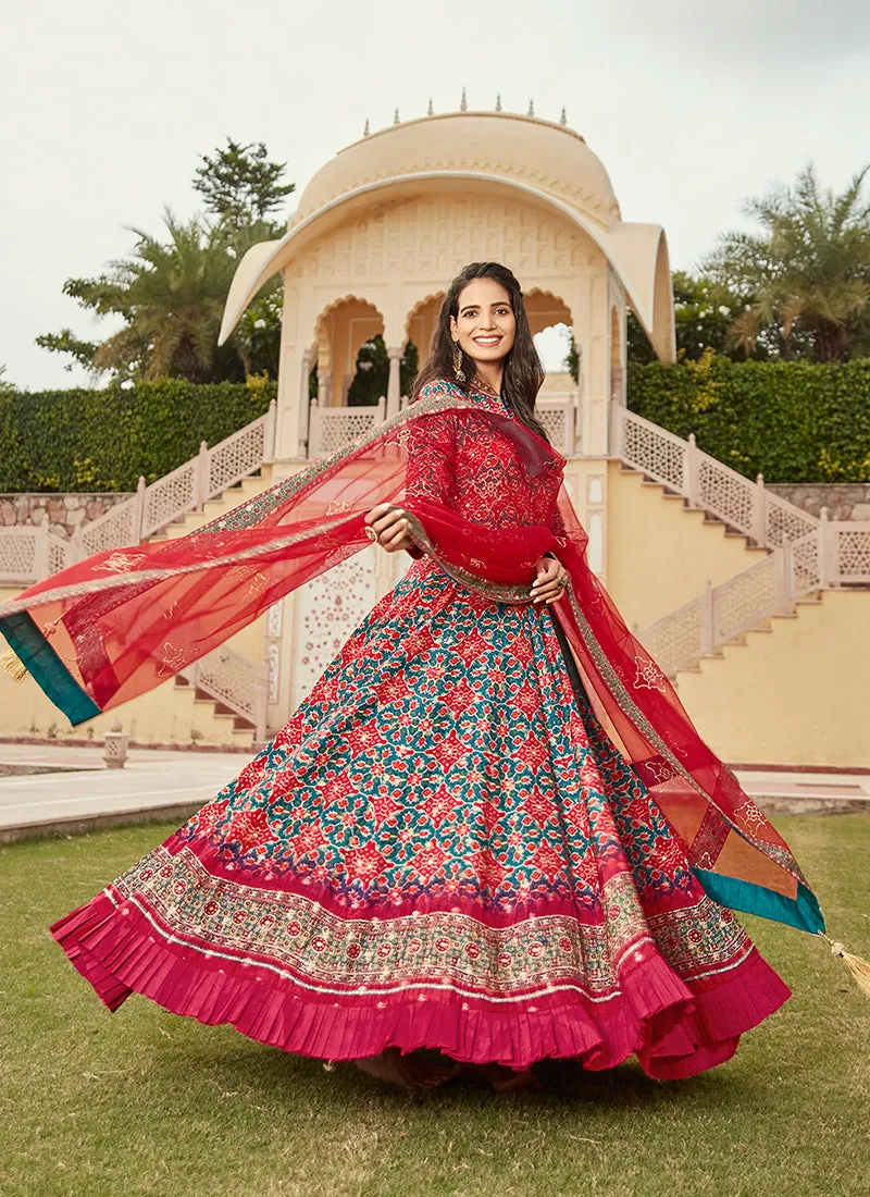 Red Multicoloured Ikat Prints And Embroidered Silk Anarkali Gown