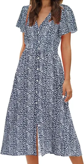 ROYLAMP Women's Floral Button Up Split Dress Deep V Short Bell Sleeve Casual Midi Dress with Pockets