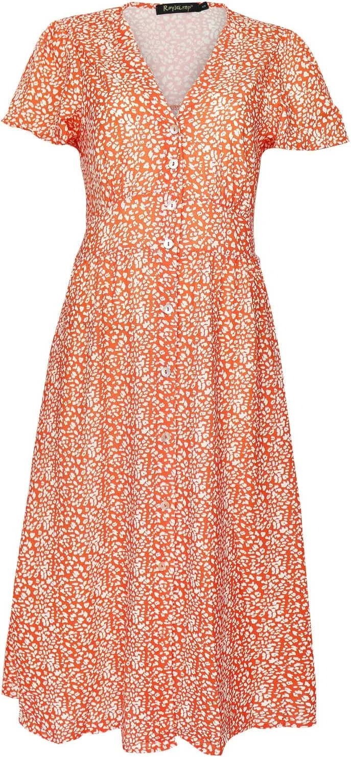 ROYLAMP Women's Floral Button Up Split Dress Deep V Short Bell Sleeve Casual Midi Dress with Pockets