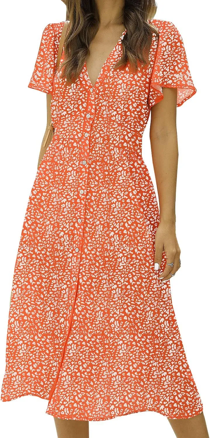 ROYLAMP Women's Floral Button Up Split Dress Deep V Short Bell Sleeve Casual Midi Dress with Pockets