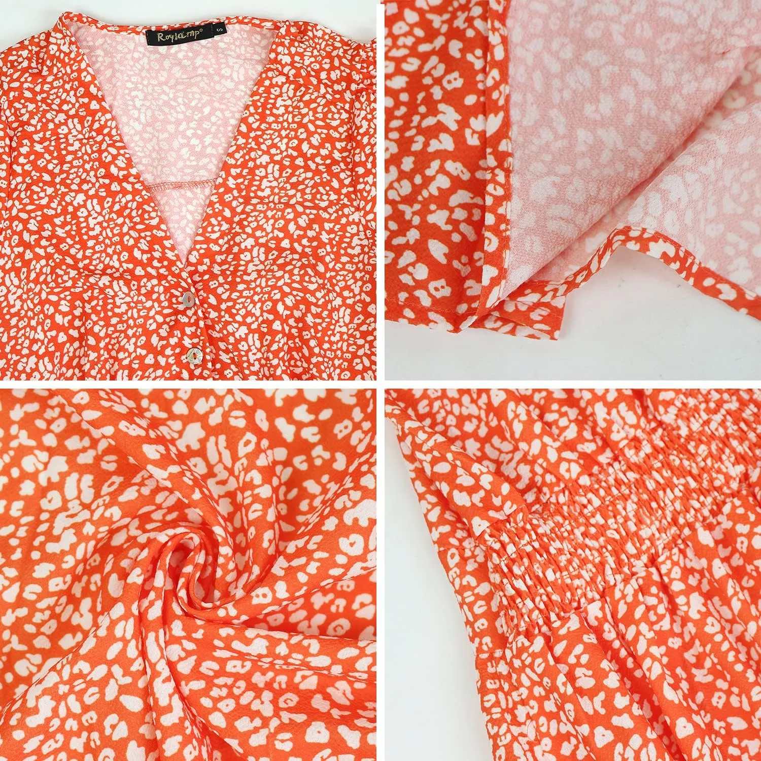 ROYLAMP Women's Floral Button Up Split Dress Deep V Short Bell Sleeve Casual Midi Dress with Pockets