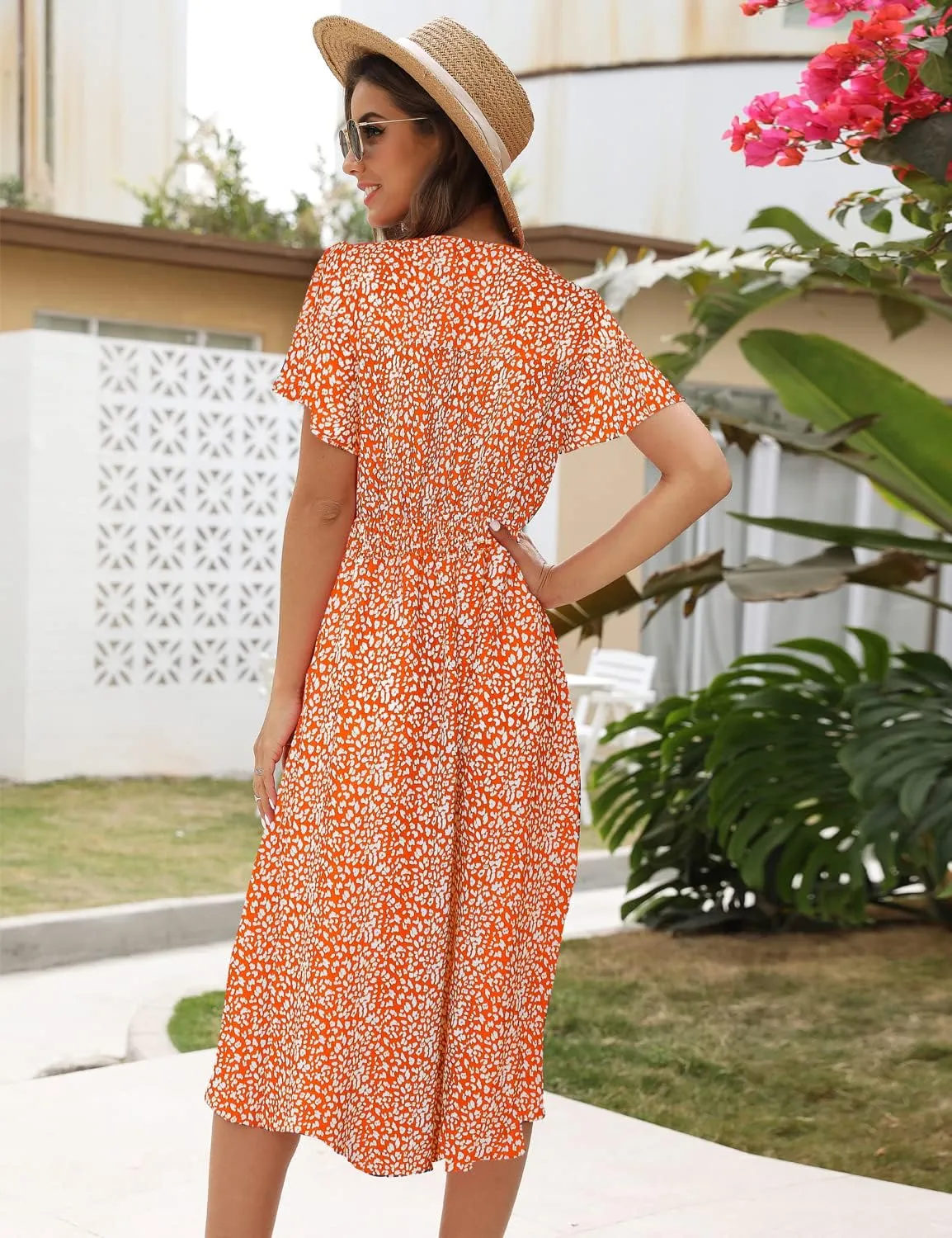 ROYLAMP Women's Floral Button Up Split Dress Deep V Short Bell Sleeve Casual Midi Dress with Pockets