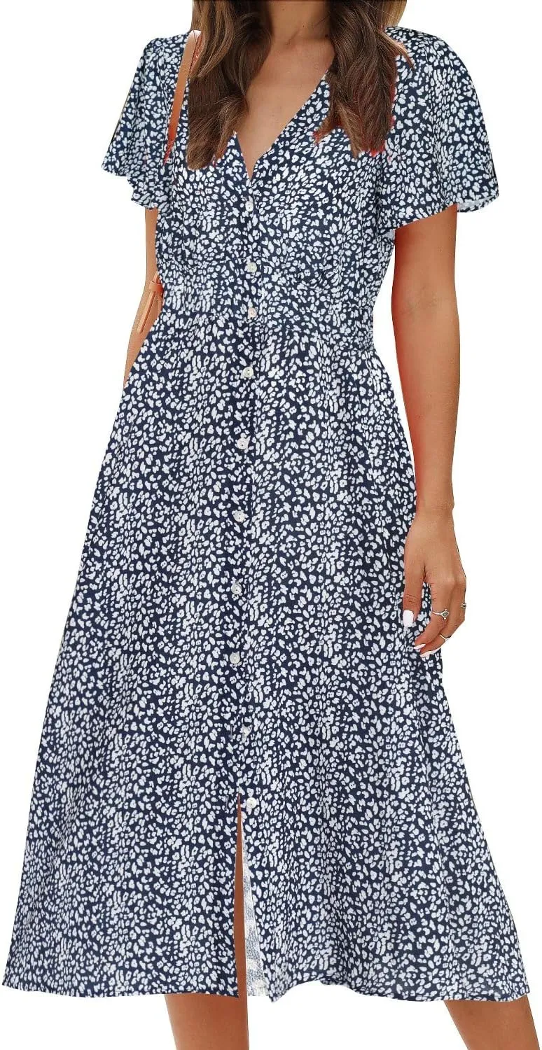 ROYLAMP Women's Floral Button Up Split Dress Deep V Short Bell Sleeve Casual Midi Dress with Pockets
