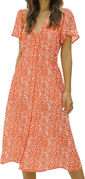 ROYLAMP Women's Floral Button Up Split Dress Deep V Short Bell Sleeve Casual Midi Dress with Pockets