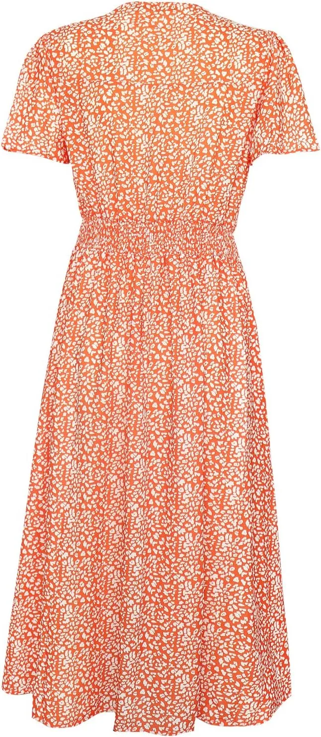 ROYLAMP Women's Floral Button Up Split Dress Deep V Short Bell Sleeve Casual Midi Dress with Pockets