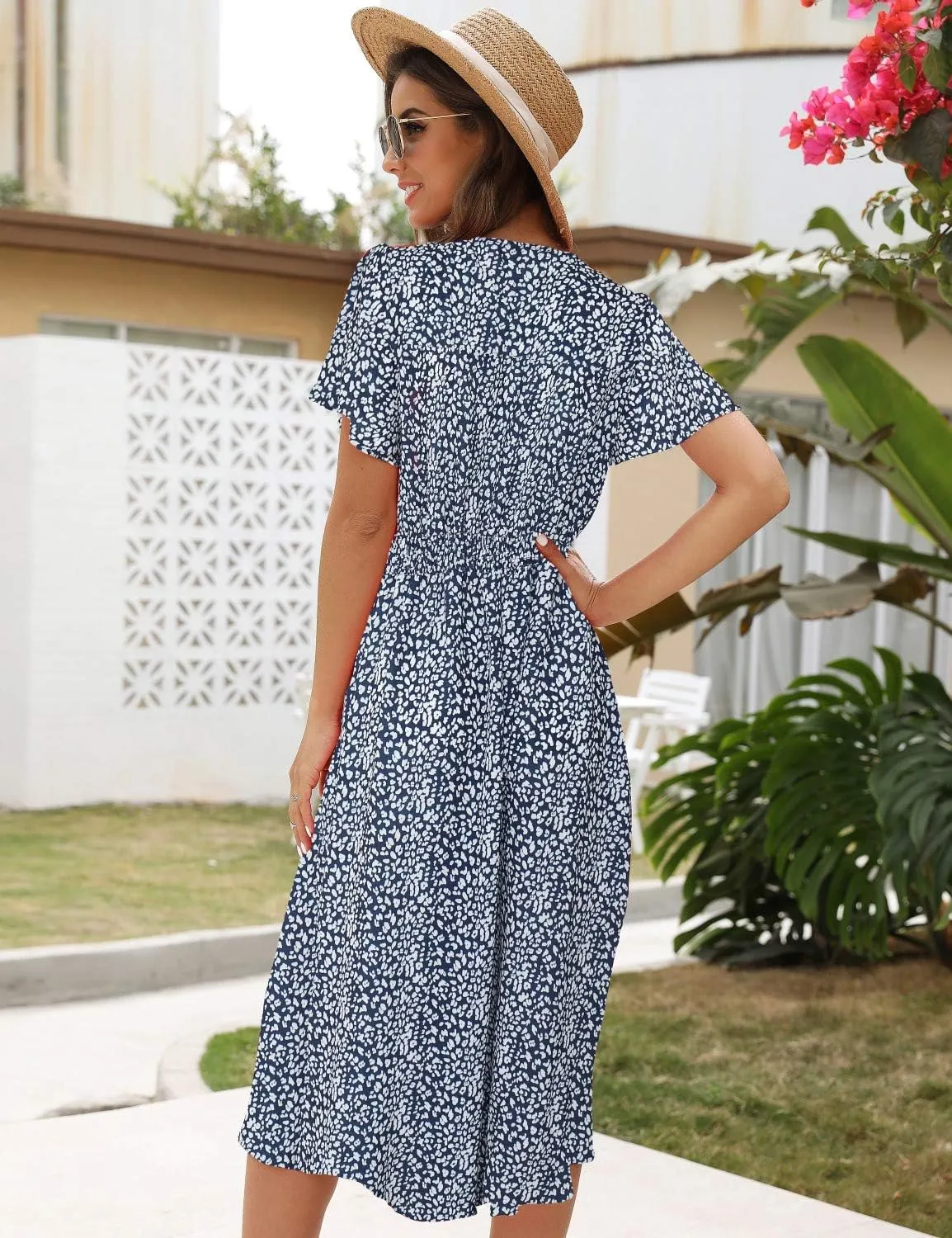 ROYLAMP Women's Floral Button Up Split Dress Deep V Short Bell Sleeve Casual Midi Dress with Pockets