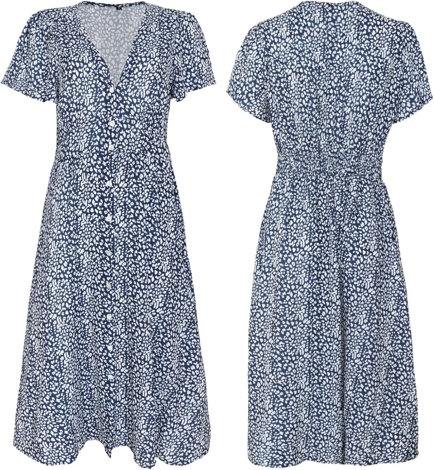 ROYLAMP Women's Floral Button Up Split Dress Deep V Short Bell Sleeve Casual Midi Dress with Pockets