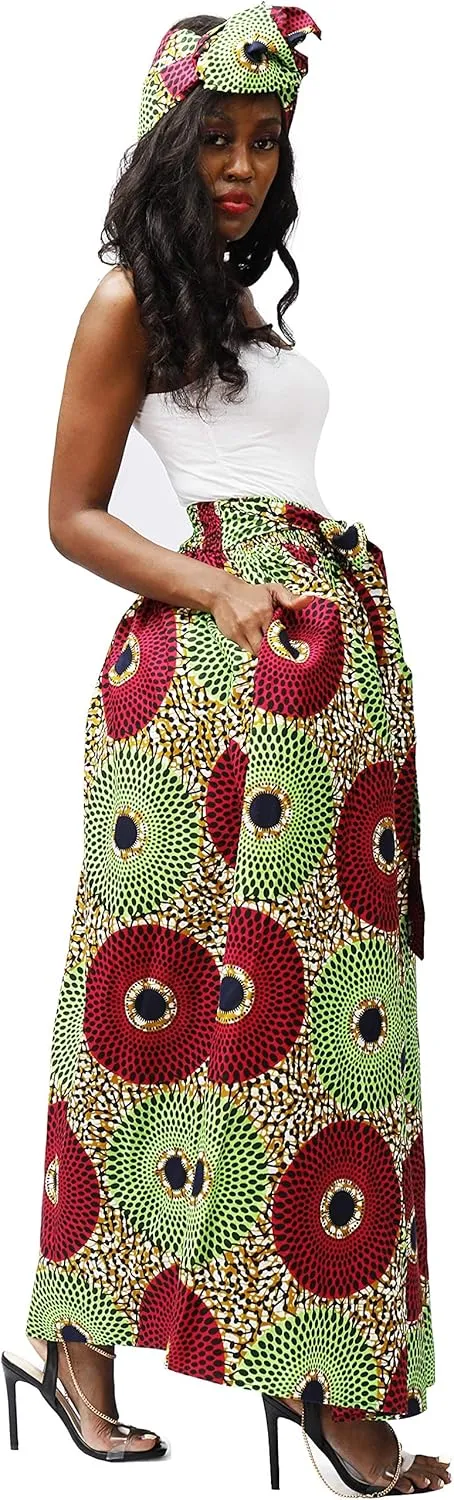 SHENBOLEN Women African Print Skirt Kente Traditional Wax Print Adjustable Strap Maxi Skirt