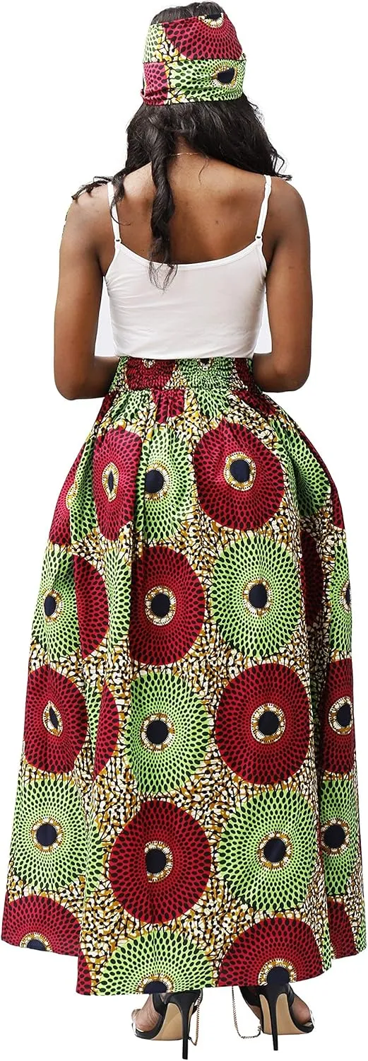 SHENBOLEN Women African Print Skirt Kente Traditional Wax Print Adjustable Strap Maxi Skirt
