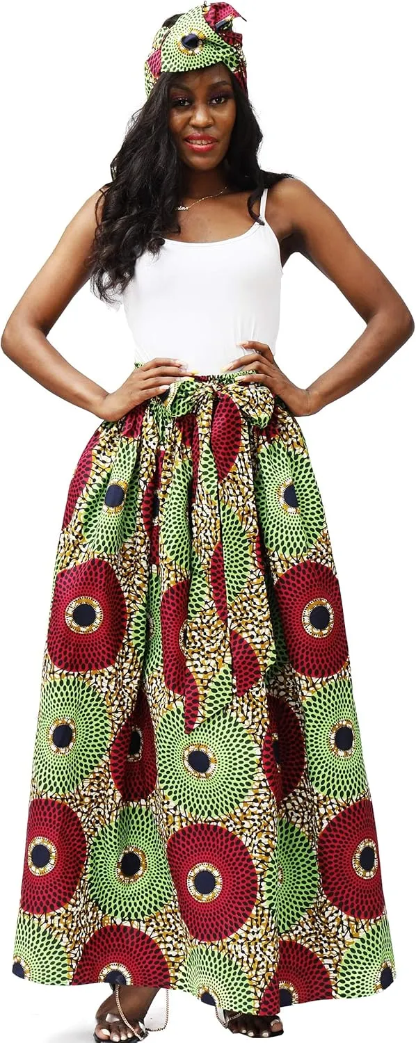 SHENBOLEN Women African Print Skirt Kente Traditional Wax Print Adjustable Strap Maxi Skirt