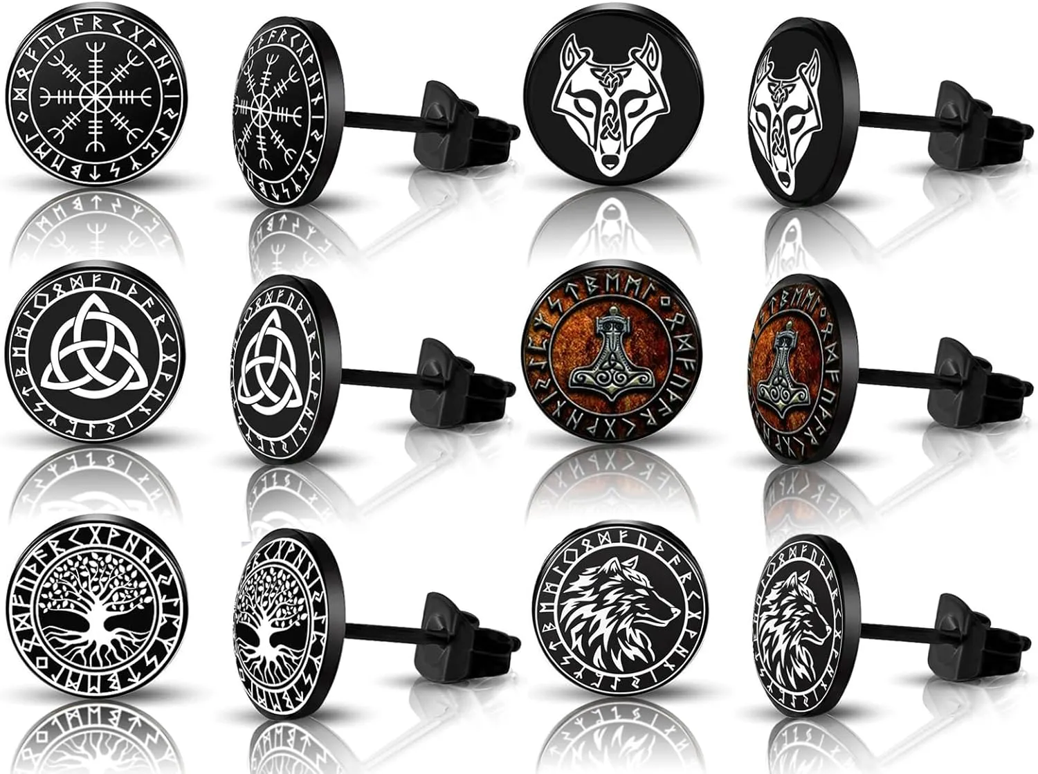 SIISPRI 6Pairs Norse Viking Stud Earrings Mens Earrings Set Hypoallergenic Surgical Stainless Steel Viking Runes Round Circle Button Stud Post Earrings 10MM