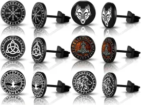 SIISPRI 6Pairs Norse Viking Stud Earrings Mens Earrings Set Hypoallergenic Surgical Stainless Steel Viking Runes Round Circle Button Stud Post Earrings 10MM